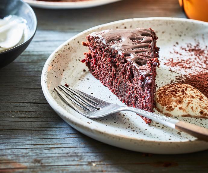 Gluten-free beetroot cake with chocolate drizzle
