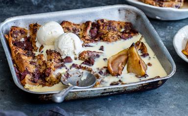 Easter hot cross bun pudding with chocolate and pears