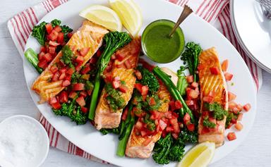 Grilled salmon with tomato, capers and herby sauce