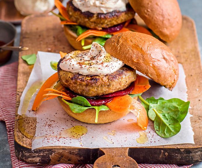 Vegetarian lentil and chickpea burgers with tahini sauce
