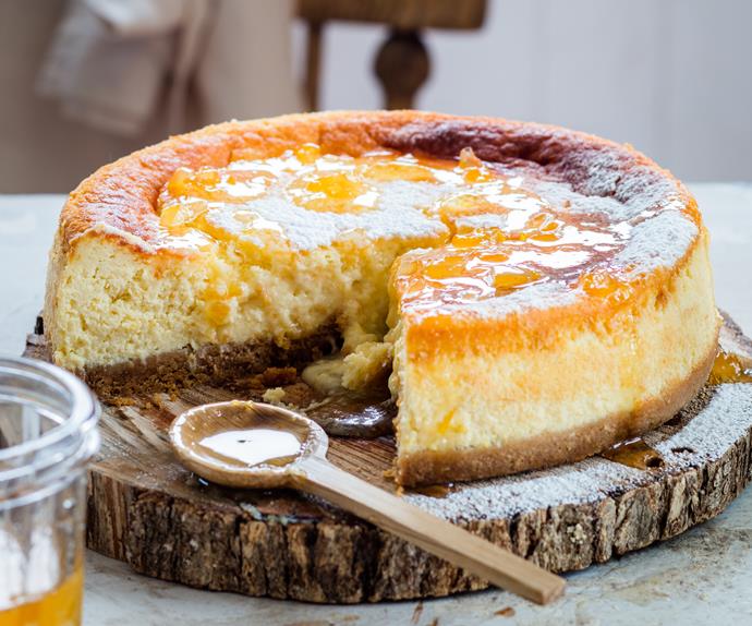 Baked lemon and ricotta cheesecake with marmalade syrup