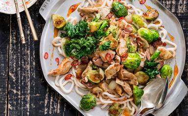 Chicken, bacon and Brussels sprout stir-fry with udon noodles
