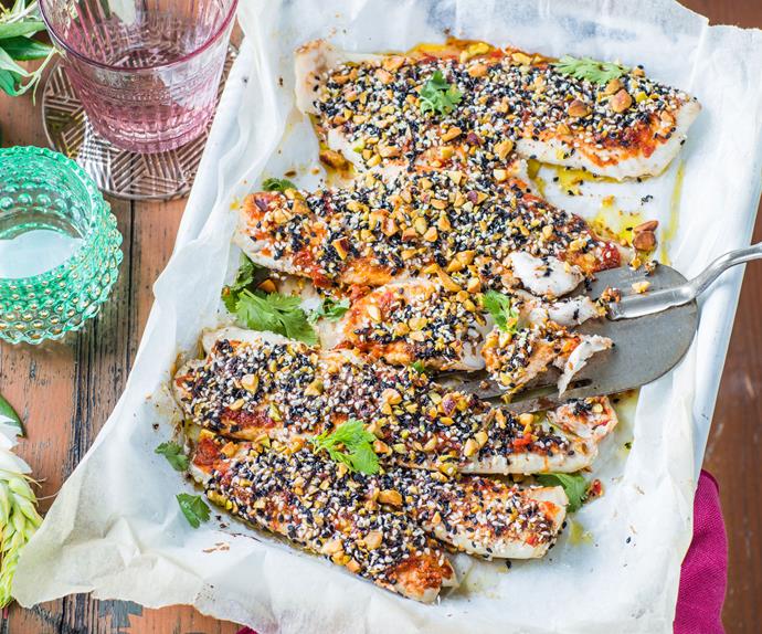 Baked fish with a sesame, pistachio and harissa crust