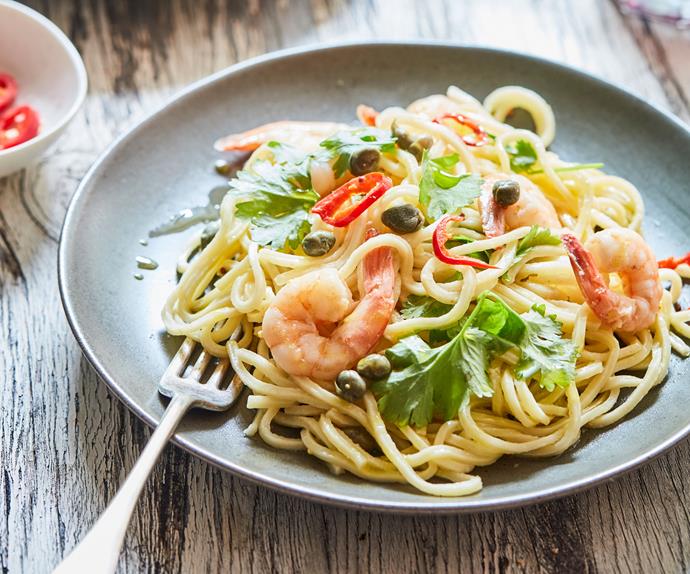 Prawn pasta with garlic, chilli and capers