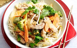 Satay pork and broccoli stir-fry with rice