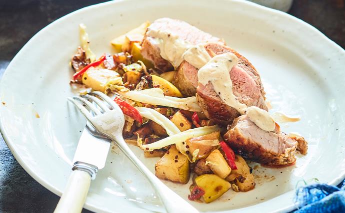 Pork medallions with apple, parsnips and mustard sauce