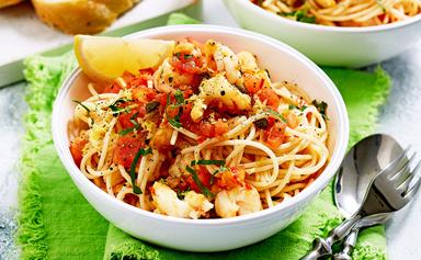 Prawn spaghetti pasta with chilli, capers and tomato