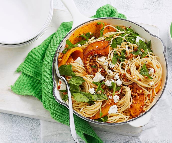 Pumpkin pasta with feta, pine nuts and rocket