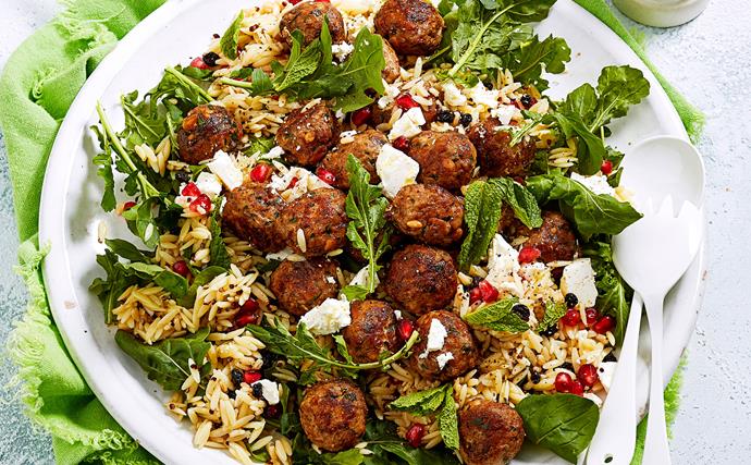Moroccan veal meatballs with risoni pasta salad