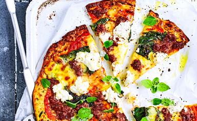 Spicy lamb and silverbeet courgette pizza