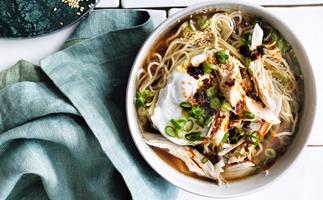 Chicken and egg noodle soup with ginger and chilli