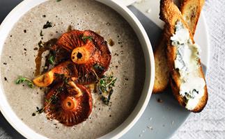 Mushroom and thyme soup with roquefort croutons