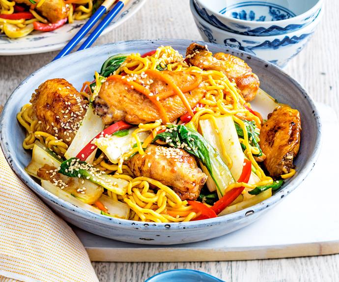 Chicken wing noodle stir-fry