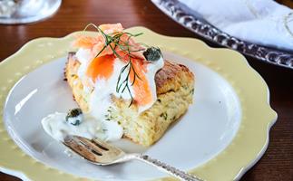 Tatie scones with smoked salmon and dill cream