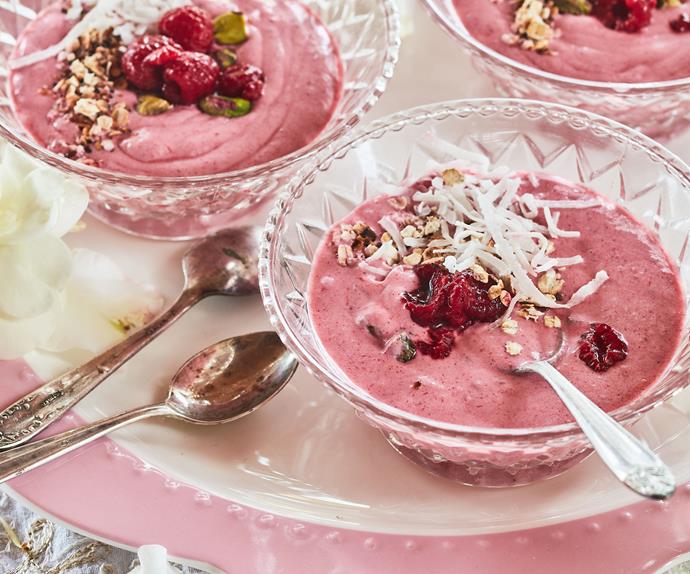 Rose water raspberry smoothie bowl with honeyed oats