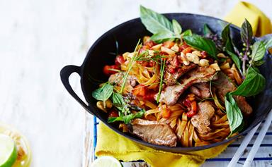 Thai spicy lamb and noodle stir-fry