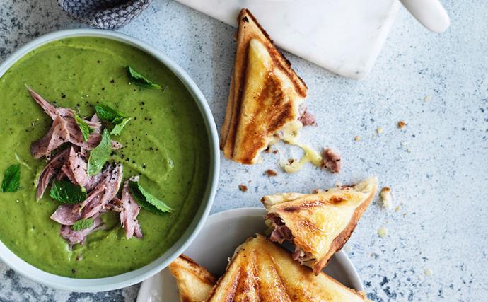 Split pea and ham soup with ham and cheddar toasties