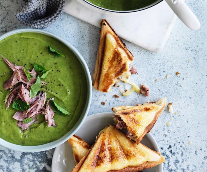 Split pea and ham soup with ham and cheddar toasties
