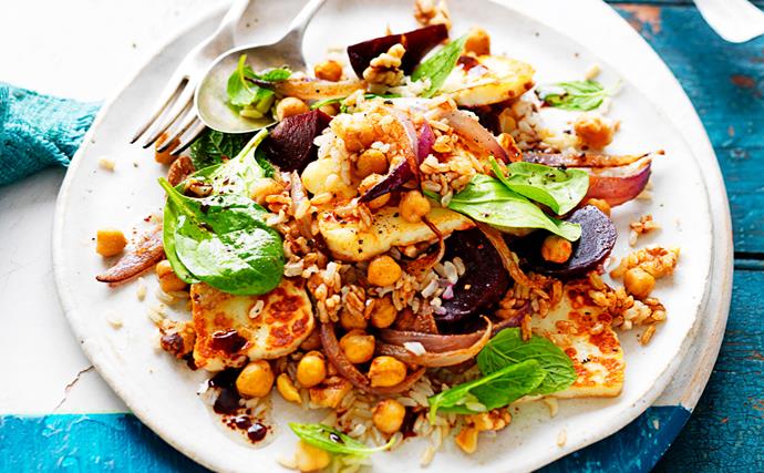 Beetroot, haloumi, chickpea and rice winter salad