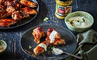 Green curry yoghurt dip with sticky chicken nibbles