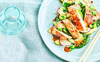 Miso and lemon-glazed chicken with Japanese sesame spinach and avocado salad