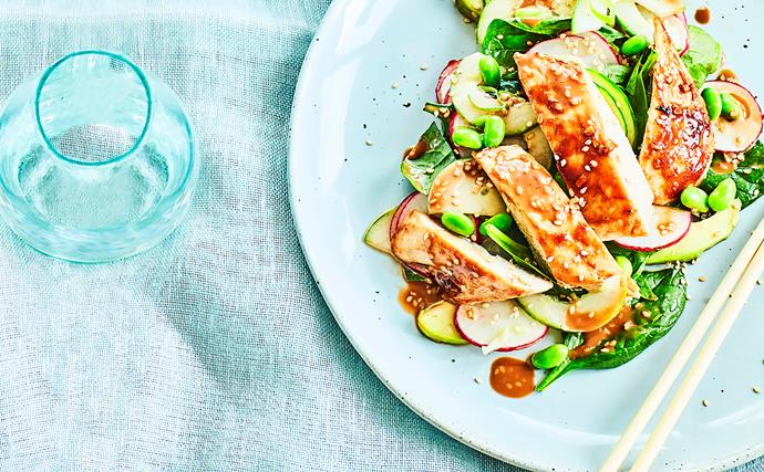 Miso and lemon-glazed chicken with Japanese sesame spinach and avocado salad