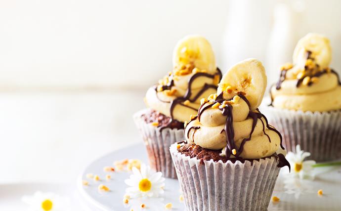 Banana chocolate cupcakes with peanut butter frosting