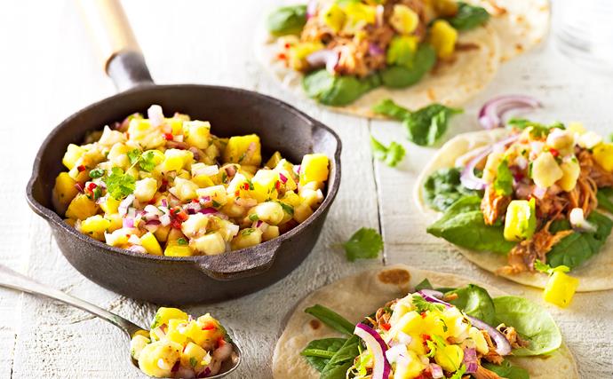 Pulled pork tacos with spicy banana salsa