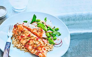 Lime and chilli-glazed fish with salad and brown rice