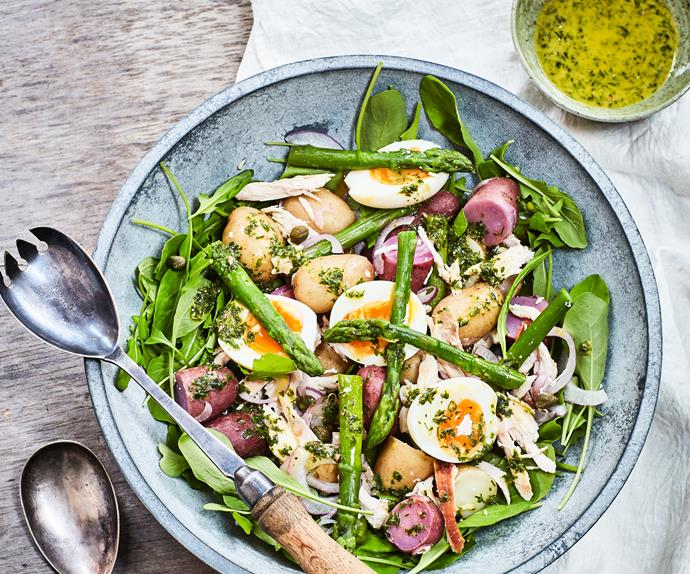 Asparagus, chicken, egg and new potato salad with herb dressing