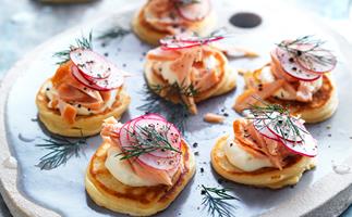 Spelt blini with hot-smoked salmon and crème fraîche