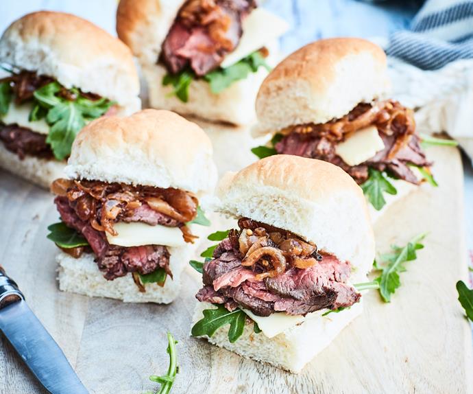 Rare-beef sliders with caramel onions