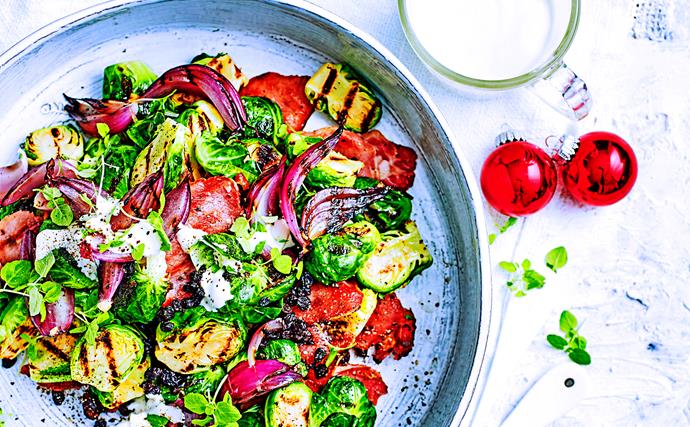 Grilled Brussels sprout salad with creamy dressing