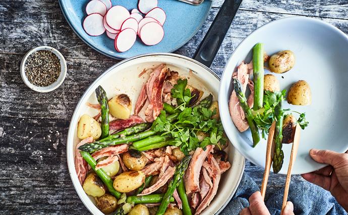 One-pan ham, spuds and vegetables