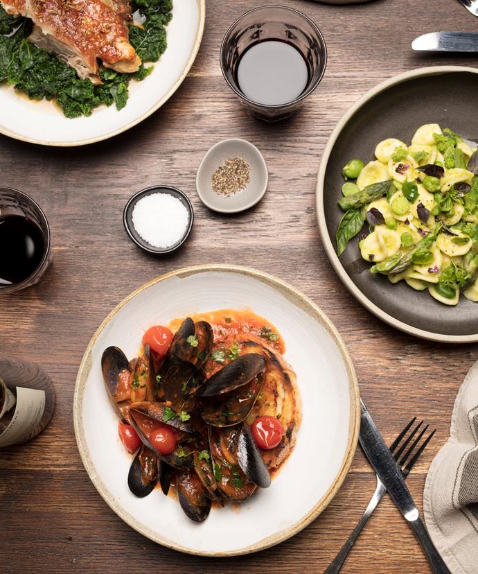 *Wood-fired pork shoulder, orecchiette mussels with charred sourdough at Lupo*