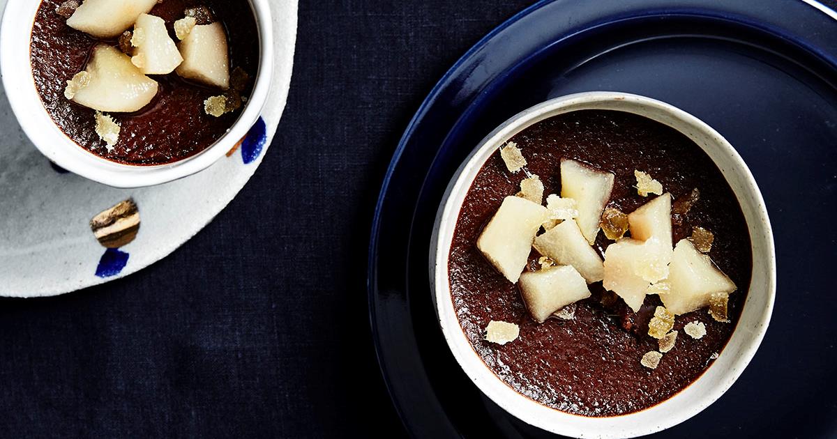Dark chocolate pots de crème with ginger pear recipe | Gourmet Traveller