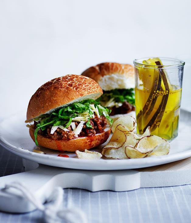 [**Sloppy Joes with pickles, cheese and chips**](https://www.gourmettraveller.com.au/recipes/fast-recipes/sloppy-joes-with-pickles-cheese-and-chips-13601|target="_blank")