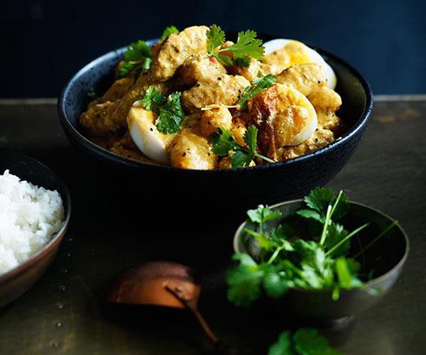 **[Potato, corainder and egg curry](https://www.gourmettraveller.com.au/recipes/browse-all/potato-coriander-and-egg-curry-12035 |target="_blank")**
 
A creamy sauce of yoghurt and tomato adds loads of flavour to this egg and potato curry.