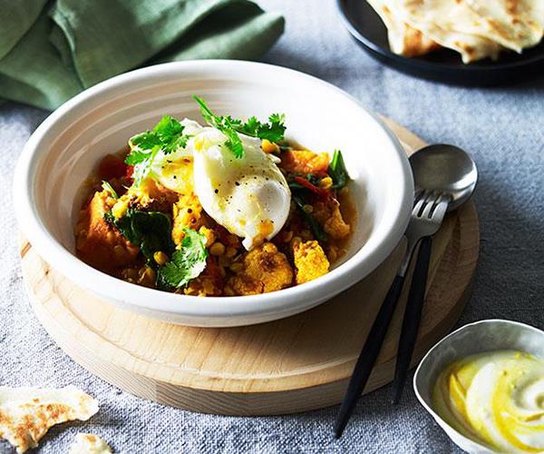 **[Breakfast curry with roti and poached egg](https://www.gourmettraveller.com.au/recipes/chefs-recipes/breakfast-curry-with-roti-and-poached-egg-9210|target="_blank")**

Let the runny yolk from the poached egg ooze over this chunky curry of cauliflower, sweet potato and carrot. It's guaranteed to get your day off to a running start.