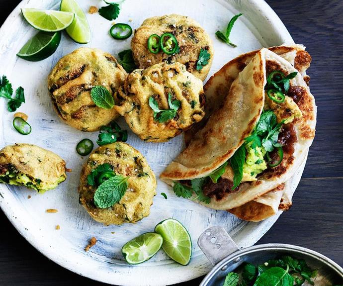 **[Spiced potato and pea fritters with sweet and sour chutney](https://www.gourmettraveller.com.au/recipes/browse-all/spiced-potato-and-pea-fritters-with-sweet-and-sour-chutney-12584)**

Fair warning: this quintessential Indian street food is extremely addictive and makes for an excellent afternoon snack. Depending on how much heat you can handle, serve these fritters with spicy chutney or a dollop of yogurt.