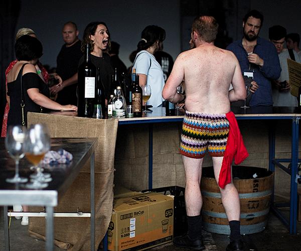Automata sommelier Tim Watkins and crocheted shorts. The face of the woman at the bar says it all: speechless.