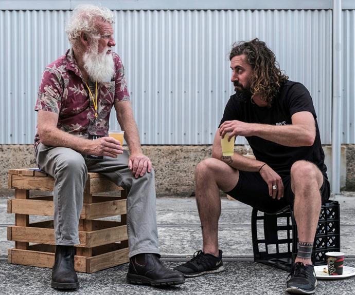 Bruce Pascoe, author of *Dark Emu*, drinking Two Metre Tall beer with chef Dave Moyle. This photo represents what Rootstock achieved in bringing people like this together to collaborate into the future.