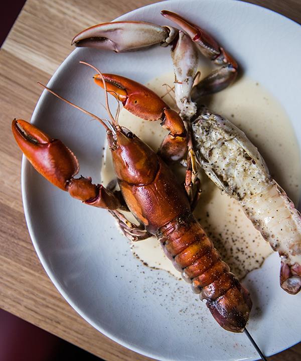 Yabby on a stick with smoked whey sauce