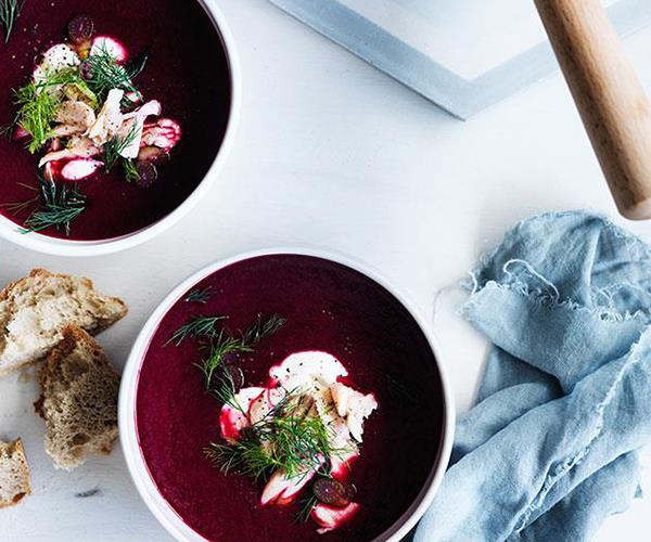 **[Beetroot soup with smoked trout and dill](https://www.gourmettraveller.com.au/recipes/fast-recipes/beetroot-soup-with-smoked-trout-and-dill-13584|target="_blank")**