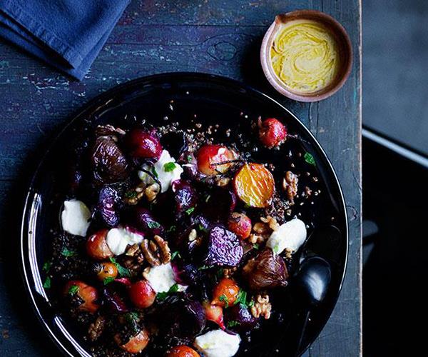 **[Roasted beets and onions with yoghurt, quinoa and walnuts](https://www.gourmettraveller.com.au/recipes/browse-all/roasted-beets-and-onions-with-yoghurt-quinoa-and-walnuts-12241|target="_blank")**