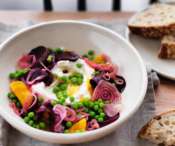 **[Labne with salt-roasted beetroot, pickled onions and peas](https://www.gourmettraveller.com.au/recipes/browse-all/labne-with-salt-roasted-beetroot-pickled-onions-and-peas-12860|target="_blank")**<br>
A harmonious mix of sweet, tender peas, pickled onion and slivers of beetroot provide exactly the right amount of colour and crunch for creamy labne.