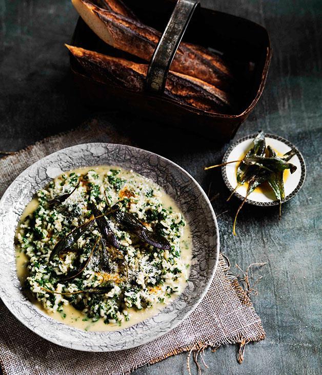 **[Green risotto with Piave vecchio and sage](https://www.gourmettraveller.com.au/recipes/browse-all/green-risotto-with-piave-vecchio-and-sage-11481)**