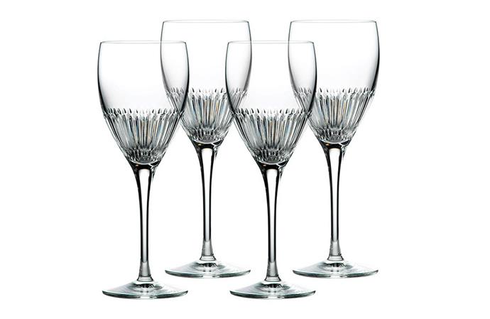 **Royal Doulton Calla Crystal Goblet Set:** Perfectly weighted, this fine set is sure to enhance any drinking experience. Delicate and refined, the contemporary design is inspired by the softly pointed petals of the calla lily. For added sentiment, why not engrave each glass?
<br><br>
$199 for four, [Royal Doulton](https://www.royaldoulton.com.au/royal-doulton-calla-crystal-goblet-set-of-4.html|target="_blank"|rel="nofollow")