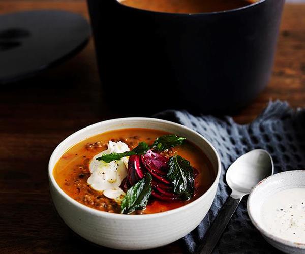 [Persian red lentil soup with tahini, beetroot and fried mint](https://www.gourmettraveller.com.au/recipes/browse-all/persian-red-lentil-soup-with-tahini-beetroot-and-fried-mint-12513|target="_blank")