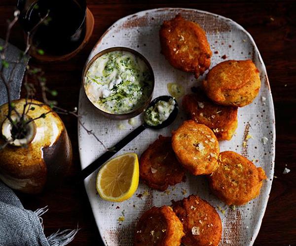 [Red lentil fritters with green yoghurt](https://www.gourmettraveller.com.au/recipes/browse-all/red-lentil-fritters-with-green-yoghurt-12514|target="_blank")
